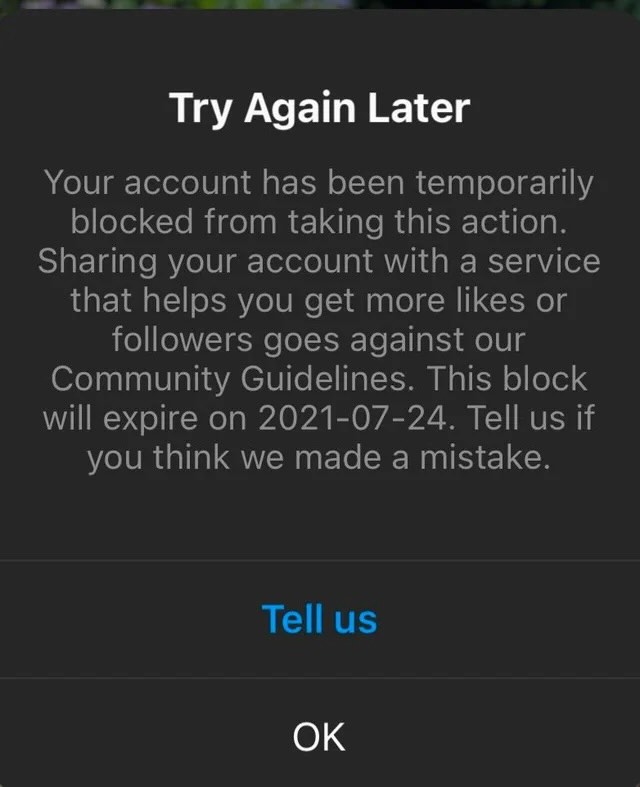 Screenshot of Instagram action blocked message